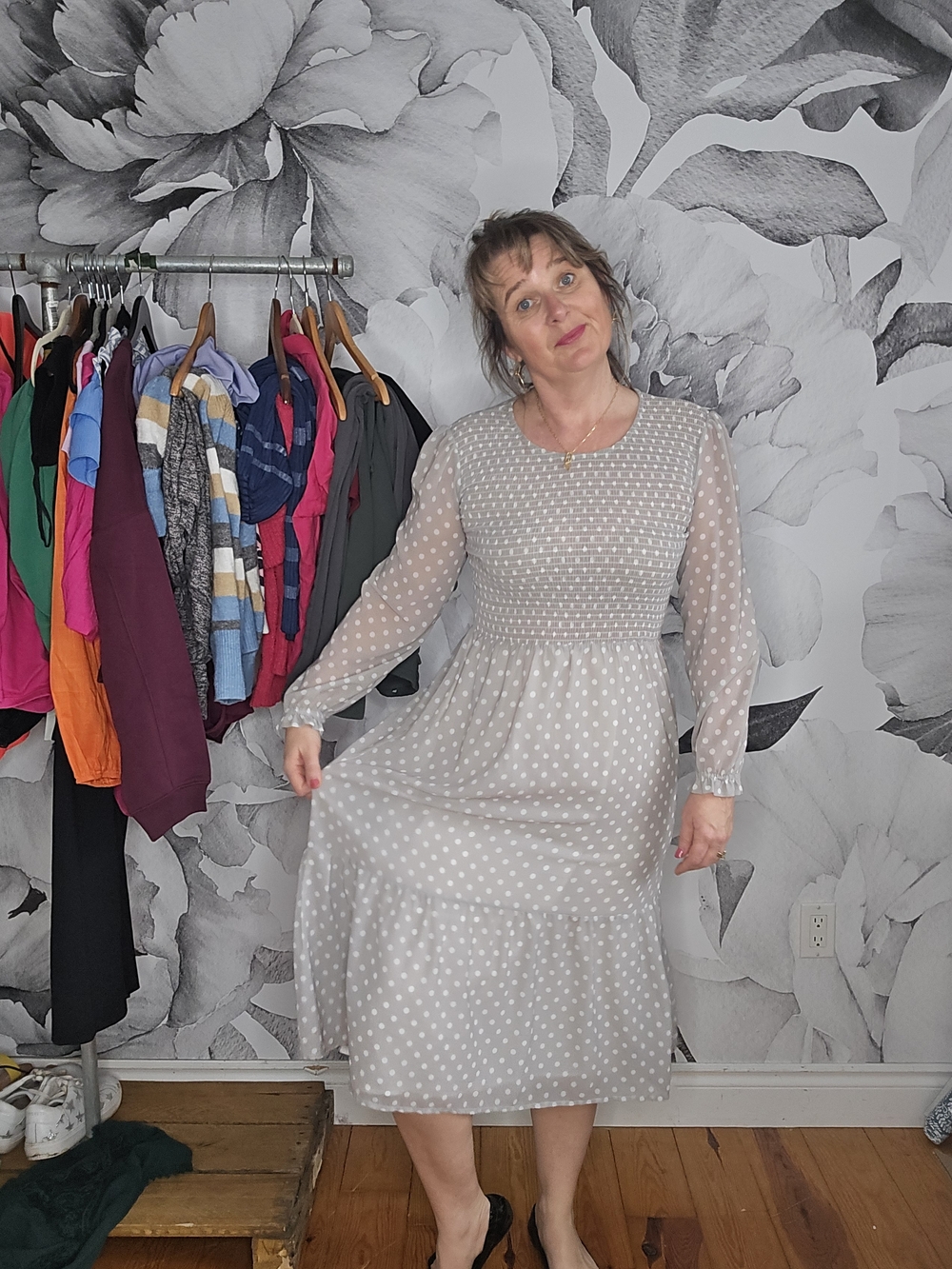 Jilly BOX Light Gray Polka Dot Midi Dress with Sheer Sleeves - Picture 5 of 5